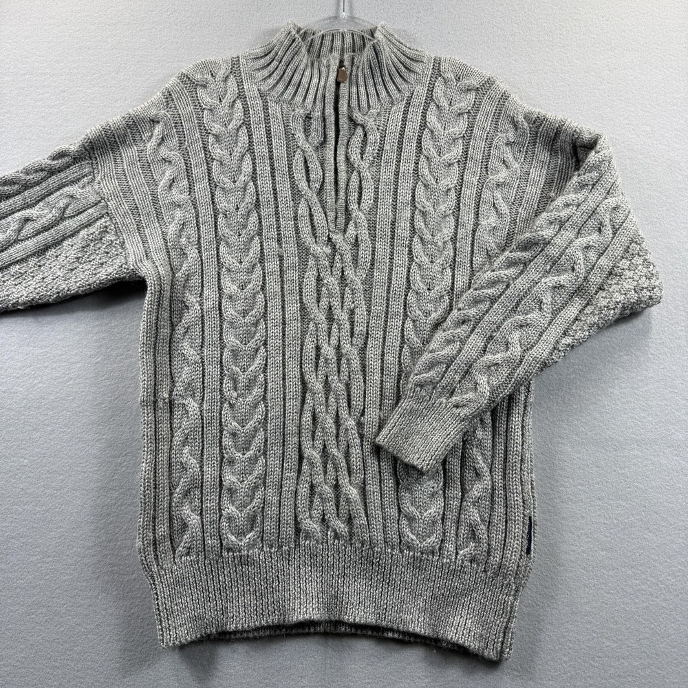 Woolovers Sweater Mens Medium Gray 1/4 Zip Mock Neck British Wool Cable Knit